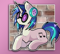 Size: 774x699 | Tagged: safe, artist:victoriathething, dj pon-3, vinyl scratch, pony, unicorn, g4, brick wall, ear fluff, female, glasses, headphones, mare, solo