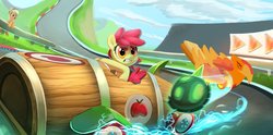Size: 1828x906 | Tagged: safe, artist:imalou, apple bloom, applejack, earth pony, pony, g4, the cart before the ponies, bow, cowboy hat, derby racers, drifting, driving, female, filly, hair bow, hat, mare, mario kart, race, race track, racing, sisters, solo focus