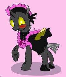 Size: 1024x1198 | Tagged: safe, artist:atomfliege, oc, oc only, oc:warplix, changeling, clothes, crossdressing, maid, male, solo, yellow changeling