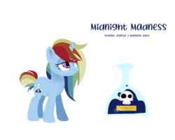 Size: 2500x2000 | Tagged: safe, artist:sugarstraw, derpibooru exclusive, oc, oc only, oc:midnight madness, pony, unicorn, cutie mark, female, high res, hooves, horn, lineless, magical lesbian spawn, mare, next generation, offspring, parent:rainbow dash, parent:twilight sparkle, parents:twidash, poison, potion, rainbow hair, reference sheet, simple background, skull, solo, text, transparent background