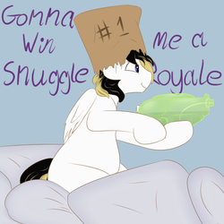 Size: 2425x2425 | Tagged: safe, artist:lupin quill, oc, oc only, oc:rory gigabyte, pony, don't dead open inside, high res, paper bag, pillow, pillow fort, simple background, solo, watergun