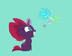 Size: 1024x791 | Tagged: safe, artist:graavitea, fizzlepop berrytwist, tempest shadow, pony, unicorn, g4, my little pony: the movie, blue background, cute, female, filly, filly tempest shadow, magic, pointy ponies, simple background, smiling, solo, tempestbetes, watermark, younger