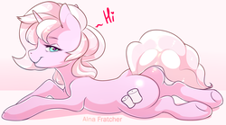 Size: 2300x1283 | Tagged: safe, artist:alna fratcher, oc, oc only, oc:marshmallow fluff, pony, unicorn, bedroom eyes, butt, female, horn, lying down, mare, plot, prone, underhoof