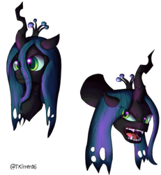 Size: 1254x1360 | Tagged: safe, artist:tkitten16, queen chrysalis, changeling, changeling queen, g4, bust, eye clipping through hair, fangs, female, signature, simple background, solo, transparent background