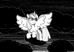 Size: 4093x2894 | Tagged: safe, artist:tkitten16, twilight sparkle, alicorn, pony, g4, black and white, cloud, eye clipping through hair, female, flying, grayscale, inktober, inktober 2018, mare, monochrome, night, signature, solo, stars, twilight sparkle (alicorn)