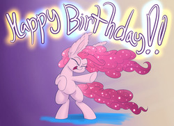 Size: 1280x927 | Tagged: safe, artist:heir-of-rick, pinkie pie, earth pony, pony, g4, bipedal, female, happy, happy birthday, mare, smiling, sparkly mane