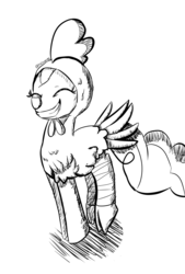 Size: 2599x3844 | Tagged: safe, artist:tkitten16, pinkie pie, earth pony, pony, g4, animal costume, chicken pie, chicken suit, clothes, costume, eyes closed, female, high res, inktober, inktober 2018, mare, monochrome, nightmare night costume, signature, simple background, smiling, solo, white background