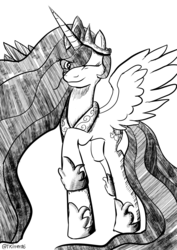 Size: 2894x4093 | Tagged: safe, artist:tkitten16, princess celestia, alicorn, pony, g4, eye clipping through hair, female, inktober, inktober 2018, mare, monochrome, one eye closed, raised hoof, signature, simple background, solo, spread wings, white background, wings, wink
