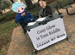 Size: 1348x992 | Tagged: safe, cozy glow, g4, school raze, change my mind, cozy glow's true goal, harry potter (series), irl, meme, photo, pure concentrated unfiltered evil of the utmost potency, steven crowder, tom riddle, voldemort
