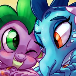 Size: 1800x1800 | Tagged: safe, artist:whitediamonds, princess ember, spike, dragon, g4, blushing, commission, cute, dragoness, duo, female, looking at each other, male, married, married couple, one eye closed, ring, ship:emberspike, shipping, spikabetes, straight, wedding ring, wink