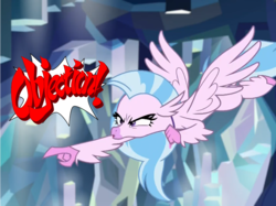Size: 1490x1117 | Tagged: safe, edit, edited screencap, screencap, silverstream, classical hippogriff, hippogriff, g4, what lies beneath, ace attorney, angry, beak, cropped, female, flying, meme, narrowed eyes, objection, phoenix wright, pointing, school of friendship, solo, spread wings, text