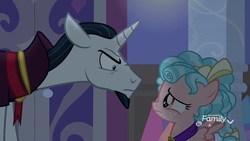 Size: 1920x1080 | Tagged: safe, screencap, chancellor neighsay, cozy glow, pegasus, pony, unicorn, g4, school raze, eye contact, female, filly, looking at each other, male, stallion