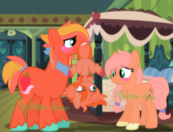 Size: 1024x784 | Tagged: safe, artist:mobian-gamer, oc, oc only, oc:apple bud, oc:apple quota, oc:honeycrisp, annoyed, base used, brother and sister, colored hooves, crossed hooves, female, filly, male, mare, mouth hold, offspring, parent:big macintosh, parent:fluttershy, parents:fluttermac, siblings, sisters, stallion, tail, tail pull, unshorn fetlocks, watermark