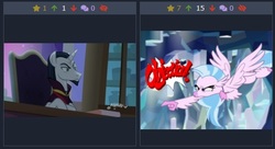 Size: 488x266 | Tagged: safe, chancellor neighsay, silverstream, classical hippogriff, hippogriff, pony, unicorn, derpibooru, g4, school raze, what lies beneath, ace attorney, desk, female, juxtaposition, juxtaposition win, male, meme, meta, objection, stallion