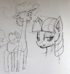 Size: 773x816 | Tagged: safe, artist:post-it, twilight sparkle, alicorn, pony, unicorn, g4, bust, duo, engineer, engineer (tf2), exploitable meme, female, floppy ears, ink drawing, inktober, long neck, looking at you, mare, meme, monochrome, nope, nope.avi, simple background, sketch, smiling, team fortress 2, traditional art, twilight sparkle (alicorn), white background