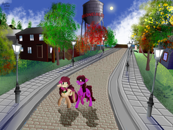 Size: 1600x1200 | Tagged: safe, artist:brainiac, berry punch, berryshine, roseluck, earth pony, pony, fallout equestria, g4, advertisement, pet play, pony pet, rosepet, scenery, second life, town