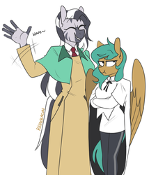 Size: 671x784 | Tagged: safe, artist:redxbacon, oc, oc only, oc:spur bevel, oc:zuri, pegasus, zebra, anthro, clothes, cosplay, costume, eyes closed, female, mare, meryl strife, millie thompson, no source available, size difference, smiling, trigun, tsundere, waving