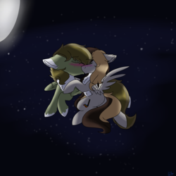 Size: 2560x2560 | Tagged: safe, artist:brokensilence, oc, oc:auctor, oc:misty serenity, pegasus, pony, blushing, couple, eyes closed, flying, high res, kissing, mistor, moon, night, stars