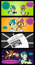 Size: 1500x2825 | Tagged: safe, artist:noidavaliable, edit, edited screencap, screencap, sandbar, smolder, g4, my little pony: friendship is magic, what lies beneath, angry, be careful what you wish for, camera, clothes, comic, death threat, dress, fire, gossip, headline, humiliation, newspaper, newspaper headline, parody, princess smolder, puffy sleeves, sandbar is a goddamn moron, this will end in burns, this will end in death, this will end in pain