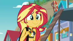 Size: 1920x1080 | Tagged: safe, screencap, sunset shimmer, equestria girls, equestria girls series, forgotten friendship, g4, :t, belly button, bikini, clothes, cute, female, geode of empathy, jewelry, magical geodes, midriff, necklace, shimmerbetes, smiling, solo, stomach, summer sunset, swimsuit, youtube link
