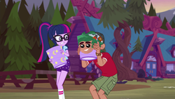 Size: 1280x720 | Tagged: safe, screencap, sci-twi, timber spruce, twilight sparkle, equestria girls, g4, my little pony equestria girls: legend of everfree, camp everfree, clothes, female, glasses, lantern, legs, male, paper lantern, shorts, socks