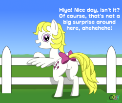 Size: 1010x854 | Tagged: safe, artist:oddymcstrange, surprise, pegasus, pony, g1, g4, bipedal, bipedal leaning, bow, butt, dialogue, female, fence, g1 to g4, generation leap, laughing, leaning, looking back, mare, open mouth, plot, pun, smiling, solo, tail bow