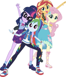 Size: 2952x3413 | Tagged: safe, artist:spokenmind93, fluttershy, rainbow dash, sci-twi, sunset shimmer, twilight sparkle, equestria girls, g4, my little pony equestria girls: better together, boots, clothes, converse, cute, dashabetes, dress, geode of empathy, geode of fauna, geode of super speed, geode of telekinesis, glasses, high heel boots, high res, looking at you, magical geodes, pants, ponytail, selfie, shimmerbetes, shoes, shyabetes, simple background, skirt, smiling, socks, transparent background, twiabetes