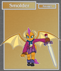 Size: 1688x1950 | Tagged: safe, artist:brownie-bytes, smolder, dragon, anthro, g4, clothes, crossover, dragoness, female, final fantasy, school uniform, solo, story included, sword, weapon