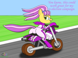 Size: 1190x896 | Tagged: safe, artist:oddymcstrange, mayor flitter flutter, earth pony, pony, g3, g3.5, g4, butt, clothes, dialogue, driving, female, g3 to g4, g3.5 to g4, generation leap, glasses, jumpsuit, lidded eyes, looking back, mare, mario kart, mario kart wii, motorcycle, open mouth, outfit, plot, princess peach, smiling, super mario bros.