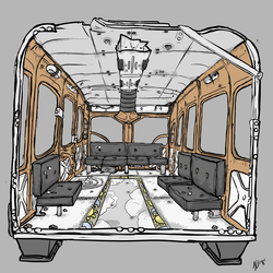 Size: 2500x2500 | Tagged: safe, artist:dombrus, fallout equestria, bullet hole, bus, high res, no pony, sky bandit, skywagon, vehicle interior