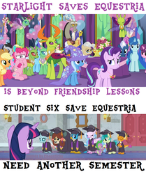 Size: 1048x1252 | Tagged: safe, edit, edited screencap, screencap, applejack, discord, gallus, lucky clover, mayor mare, ocellus, party favor, pinkie pie, sandbar, silverstream, smolder, spike, starlight glimmer, sugar belle, thorax, trixie, twilight sparkle, yona, alicorn, changedling, changeling, dragon, earth pony, griffon, hippogriff, pony, celestial advice, g4, school raze, adventure in the comments, derail in the comments, drama, equestrian pink heart of courage, female, graduation, graduation cap, hat, king thorax, male, mare, meme, op is a duck, op started shit, reformed four, school of friendship, starlight drama, student six, text, twilight sparkle (alicorn), winged spike, wings