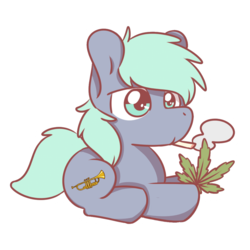 Size: 1280x1280 | Tagged: safe, artist:sugar morning, oc, oc only, oc:dee, earth pony, pony, chibi, cute, drugs, lying down, marijuana, musical instrument, simple background, smoking, solo, transparent background, trumpet