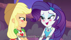 Size: 1920x1080 | Tagged: safe, screencap, applejack, rarity, equestria girls, equestria girls specials, g4, my little pony equestria girls: better together, my little pony equestria girls: rollercoaster of friendship, best friends, blushing, female, shipping fuel, subtitles