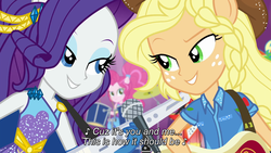 Size: 1920x1080 | Tagged: safe, screencap, applejack, pinkie pie, rarity, equestria girls, equestria girls specials, g4, my little pony equestria girls: better together, my little pony equestria girls: rollercoaster of friendship, best friends, female, photo booth (song), ponied up, shipping fuel, singing, subtitles, super ponied up