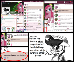 Size: 1397x1160 | Tagged: safe, artist:chopsticks, pinkie pie, oc, oc:chopsticks, pegasus, pony, g4, boop, clothes, dialogue, facebook, hat, male, meta, non-consensual booping, non-consensual nuzzling, nuzzling, pinkamena diane pie, ponyhoof, reply, text