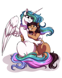 Size: 3200x4000 | Tagged: safe, artist:lupiarts, princess celestia, oc, alicorn, pony, g4, belly, cake, cel shading, commission, cute, female, food, hug, mare, missing accessory, plump, pudgy, regalia, simple background, transparent background
