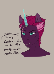 Size: 1397x1908 | Tagged: safe, artist:blackblood-queen, tempest shadow, unicorn, anthro, g4, alternate universe, dialogue, eye scar, female, horn, mare, prosthetic horn, prosthetics, scar, simple background, solo, tempest gets her horn back