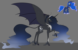 Size: 4302x2744 | Tagged: safe, artist:endergal2017, princess luna, pony, g4, alternate cutie mark, bat wings, crown, cutie mark, ethereal fetlocks, ethereal mane, female, horn, hybrid wings, large wings, leonine tail, long horn, peytral, profile, redesign, regalia, simple background, solo, wings