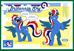 Size: 1240x850 | Tagged: safe, artist:donotdelete, oc, oc only, oc:britannia sky, pegasus, pony, bipedal, british, cutie mark, dialogue, female, goggles, grin, looking at you, mare, open mouth, raised hoof, reference sheet, smiling, solo, spread wings, watermark, wings