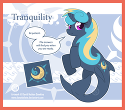 Size: 820x720 | Tagged: safe, artist:donotdelete, oc, oc only, oc:tranquility, hippocampus, merpony, pony, unicorn, cutie mark, dialogue, female, reference sheet, smiling, solo, watermark