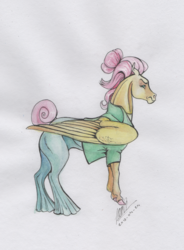 Size: 1024x1389 | Tagged: safe, artist:sagastuff94, fluttershy, pegasus, pony, fake it 'til you make it, g4, alternate hairstyle, clothes, female, hair bun, hoers, mare, profile, realistic anatomy, realistic horse legs, scowl, severeshy, signature, simple background, solo, tail bun, traditional art, white background