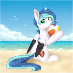 Size: 2000x2000 | Tagged: safe, artist:avrameow, oc, oc only, oc:jewel blue, pegasus, pony, beach, beach ball, curious, cute, cutie mark, female, filly, fluffy, high res, looking at you, parent:oc:looic, parent:oc:shadow blue, parents:shadooic, solo, spread wings, sun, sunlight, surprised, wings