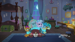 Size: 1920x1080 | Tagged: safe, screencap, gallus, ocellus, sandbar, silverstream, smolder, yona, changedling, changeling, dragon, earth pony, griffon, hippogriff, pony, yak, g4, school raze, bed, bedroom, bunk bed, chained, chains, cloven hooves, dormitory, dragoness, female, male, night, student six, teenager