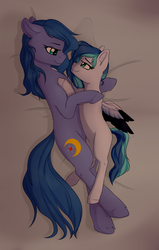 Size: 1645x2593 | Tagged: safe, artist:lionbun, oc, oc only, oc:jewel blue, oc:shadow blue, earth pony, pegasus, pony, bed, cuddling, cute, cutie mark, eye contact, female, filly, fluffy, green eyes, high res, looking at each other, mare, mother and daughter, parent:oc:looic, parent:oc:shadow blue, parents:shadooic, shadooic, solo, spread wings, surprised, wings