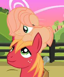 Size: 423x511 | Tagged: dead source, safe, artist:awoomarblesoda, big macintosh, oc, oc:apple soda, earth pony, pony, g4, apple soda riding big macintosh, base used, blank flank, father and daughter, female, filly, hair over one eye, male, offspring, parent:big macintosh, parent:fluttershy, parents:fluttermac, ponies riding ponies, pony hat, riding