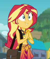 Size: 800x947 | Tagged: safe, screencap, sunset shimmer, equestria girls, equestria girls specials, g4, my little pony equestria girls: better together, my little pony equestria girls: forgotten friendship, animated, bag, belly button, bikini, clothes, cropped, cute, excited, female, geode of empathy, gif, sarong, shimmerbetes, solo, sunset shimmy, swimsuit