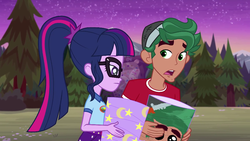 Size: 1280x720 | Tagged: safe, screencap, sci-twi, timber spruce, twilight sparkle, equestria girls, g4, my little pony equestria girls: legend of everfree, camp everfree outfits, clothes, duo, female, forest, glasses, lantern, male, paper lantern, ponytail