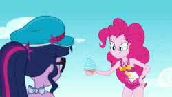 Size: 800x450 | Tagged: safe, screencap, pinkie pie, sci-twi, twilight sparkle, equestria girls, equestria girls series, forgotten friendship, g4, animated, clothes, cupcake, cute, diapinkes, duo, duo female, female, food, frosting, geode of sugar bombs, hat, pinkie being pinkie, swimsuit