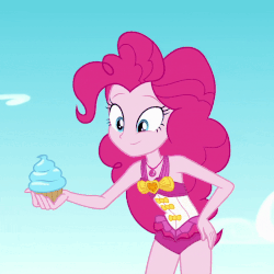Size: 800x800 | Tagged: source needed, safe, screencap, pinkie pie, equestria girls, equestria girls specials, g4, my little pony equestria girls: better together, my little pony equestria girls: forgotten friendship, animated, clothes, cropped, cupcake, female, food, frosting, geode of sugar bombs, hat, magical geodes, pinkie being pinkie, swimsuit