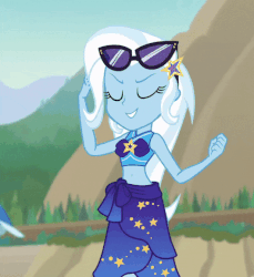 Size: 660x720 | Tagged: safe, screencap, trixie, equestria girls, equestria girls series, forgotten friendship, g4, animated, barrette, belly button, bikini, bikini babe, clothes, cropped, cute, diatrixes, female, gif, glasses, great and powerful, loop, midriff, perfect loop, sarong, solo, sunglasses, swimsuit, trixie's swimsuit, two-piece swimsuit